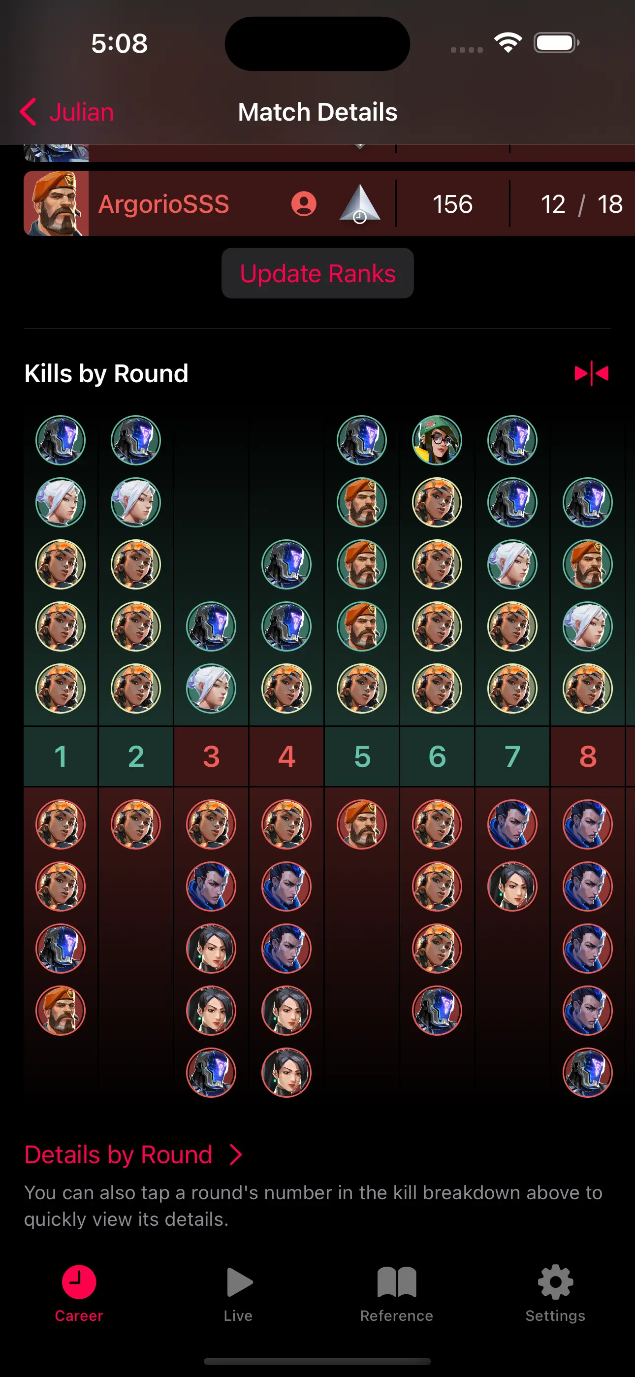 an overview of players' kills by round